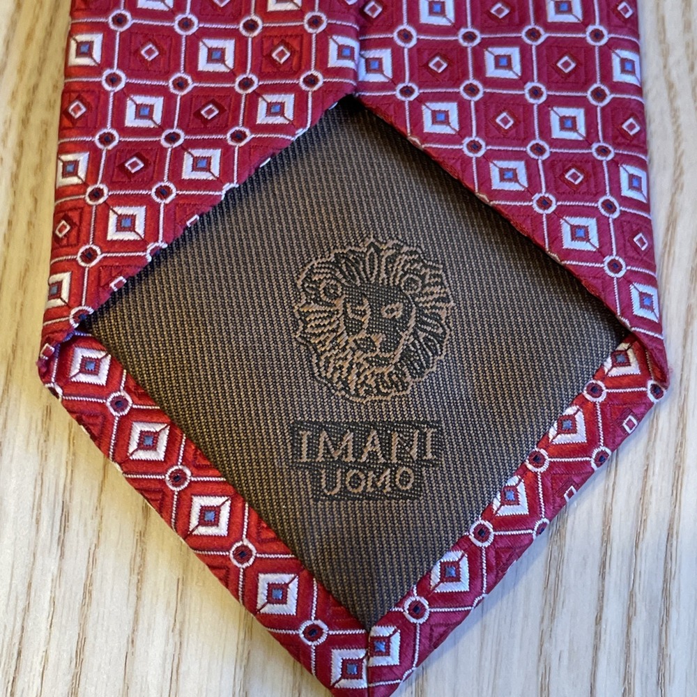 Imani Uomo Neck Tie Geometric Print Silk Touch Microfiber Red - Picture 4 of 5